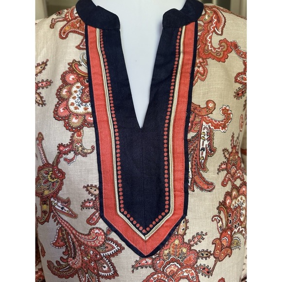 Charter Club Linen Tunic Top Blue Paisley Print Split Neck 3/4 Sleeve Size L - Picture 3 of 9